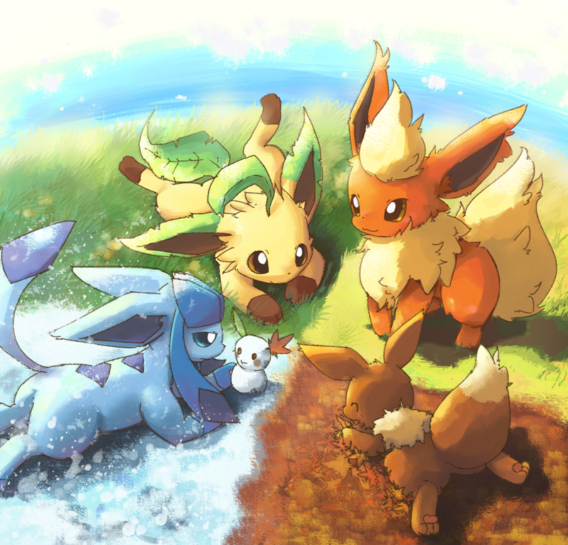 all_fours barefoot beige_fur block_(artist) blue_eyes blue_fur brown_fur canine cute dog eevee eeveelution fall flareon fluffy fur glaceon grass green_fur lagomorph leaf leafeon leaves looking_down lying mammal nintendo nude on_stomach orange_fur outside pawpads paws plant pointy_ears pok&#233;mon pok&eacute;mon rabbit rodent season shadow shiny size_difference sky snow snowman spring standing summer tan_fur video_games winter yellow_eyes