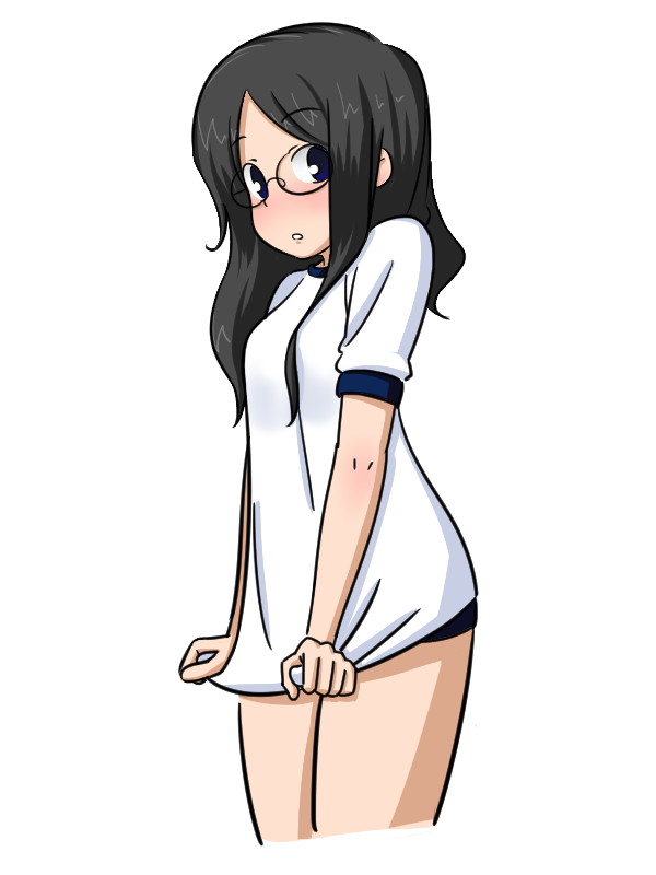 bare_arms black_hair black_shorts blue_eyes blush breasts cropped_legs dctrhg eyebrows_visible_through_hair glasses gym_shirt gym_shorts gym_uniform long_hair looking_at_viewer original outstretched_wrists parted_lips shirt shirt_tug short_shorts short_sleeves shorts simple_background solo white_background white_shirt