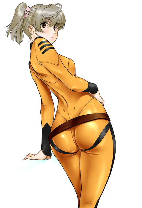 :o ahoge ass bangs belt bodysuit breasts cowboy_shot dimples_of_venus dutch_angle grey_hair hair_between_eyes hand_on_hip impossible_clothes kneepits looking_at_viewer looking_back misaki_yuria open_mouth orange_(color) orange_bodysuit red_eyes scrunchie shinobu_(tyno) shiny shiny_clothes short_hair short_twintails simple_background skin_tight small_breasts solo standing surprised tight turtleneck twintails uchuu_senkan_yamato uchuu_senkan_yamato_2199 white_background wide_hips
