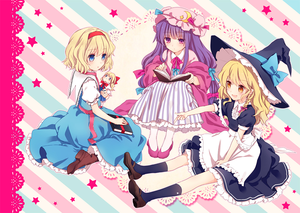 :o alice_margatroid apron blonde_hair blue_eyes book boots border bow braid capelet crescent dress hair_bow hat hat_ribbon headband kirisame_marisa kneehighs lace long_hair looking_at_another looking_away mob_cap multiple_girls open_book open_mouth outstretched_arm patchouli_knowledge petticoat pointing purple_eyes purple_hair ribbon robe sash shanghai_doll short_hair short_sleeves simple_background single_braid sitting skirt skirt_set star striped striped_background torii_sumi touhou very_long_hair waist_apron wariza witch_hat yellow_eyes