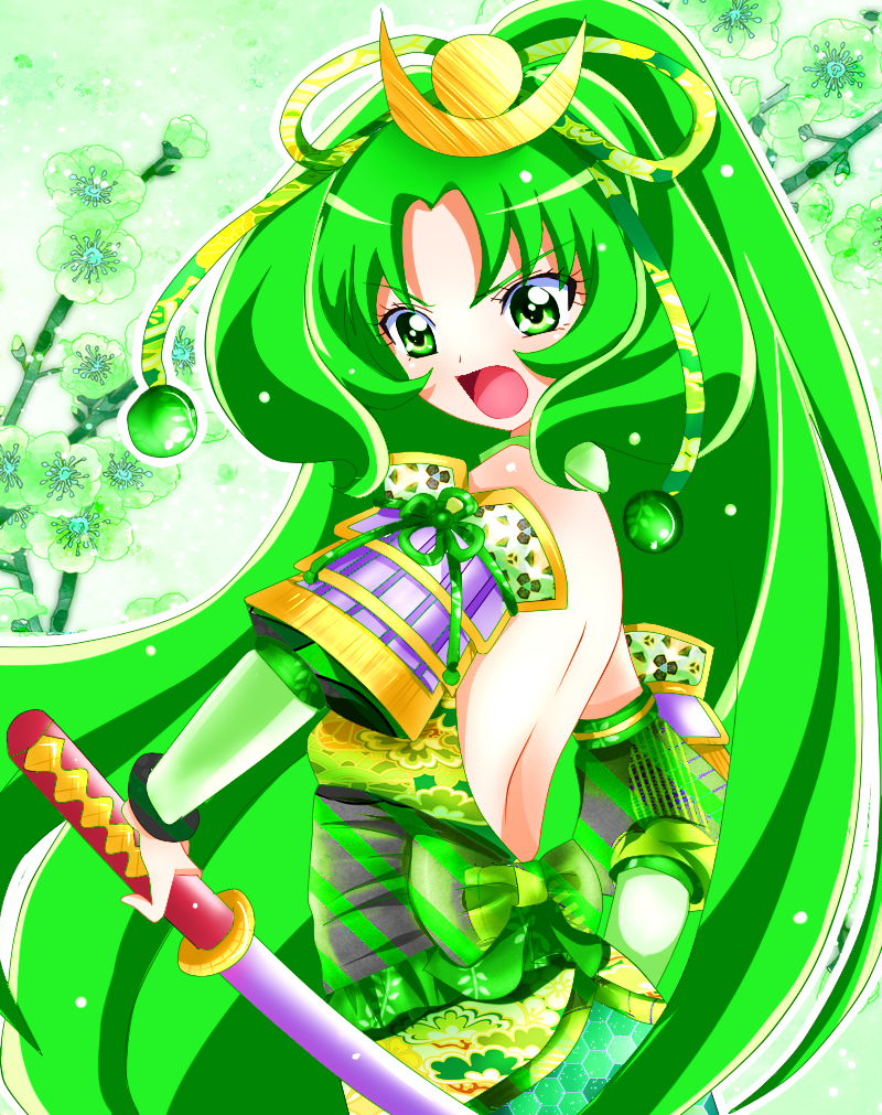 alternate_costume arm_warmers bad_anatomy bad_id bad_pixiv_id bare_shoulders choker cure_march detached_sleeves fingerless_gloves gloves green_eyes green_hair hair_ornament hair_ribbon long_hair magical_girl midorikawa_nao open_mouth ponytail precure ribbon serious smile_precure! solo sword tri_tails very_long_hair weapon yuiyuimoe