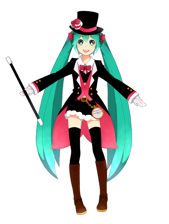 asougi1056 belt boots bow bowtie chain full_body gloves green_eyes green_hair hat hatsune_miku knee_boots long_hair magician open_mouth skirt solo thighhighs top_hat twintails very_long_hair vocaloid wand watch white_background