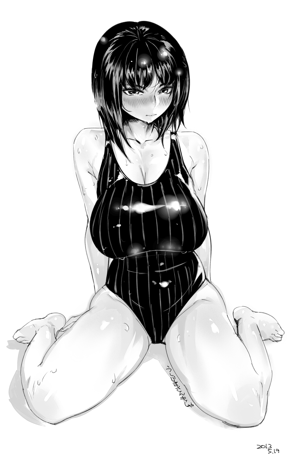 blush breasts competition_swimsuit full-face_blush greyscale highres huge_breasts monochrome one-piece_swimsuit original orushibu short_hair sitting striped striped_swimsuit swimsuit wariza