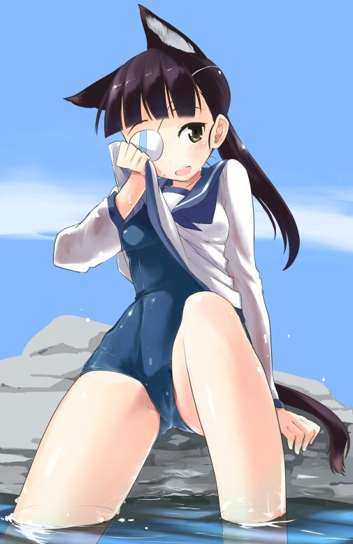 animal_ears black_hair blush extra_ears eyepatch long_hair looking_at_viewer mozu_(peth) one-piece_swimsuit open_mouth ponytail sakamoto_mio school_swimsuit school_uniform shirt_lift sitting solo strike_witches swimsuit swimsuit_under_clothes tail world_witches_series yellow_eyes