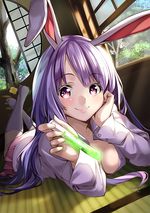 animal_ears bad_id bad_pixiv_id blush breasts bunny_ears dress_shirt kyon_(fuuran) large_breasts long_hair looking_at_viewer lying on_stomach purple_hair red_eyes reisen_udongein_inaba shirt skirt smile solo test_tube touhou white_legwear