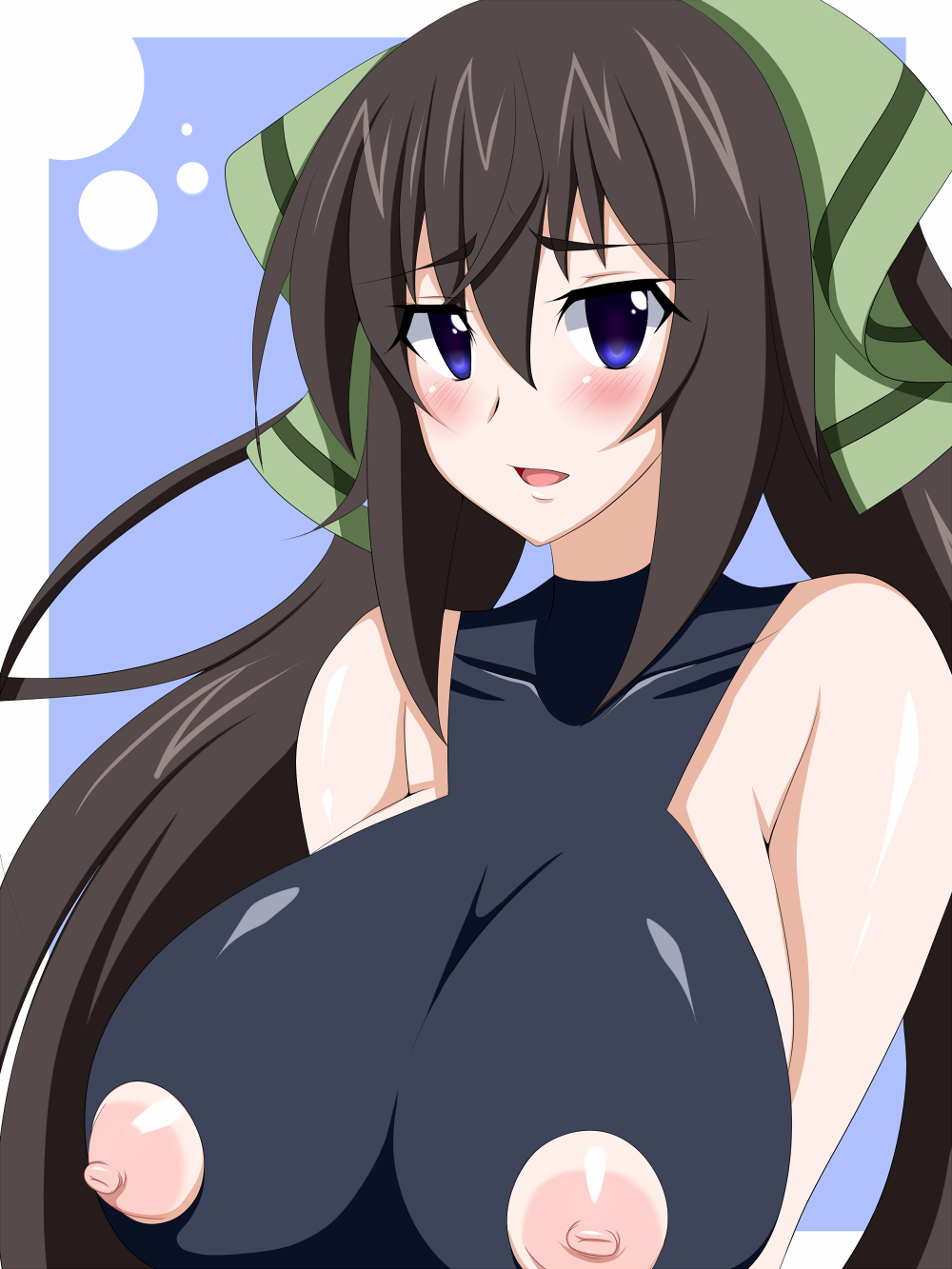 1girl black_hair blue_eyes blush breasts bust female highres infinite_stratos long_hair looking_at_viewer nippleless_clothes nipples open_mouth ro-to shinonono_houki smile solo upper_body