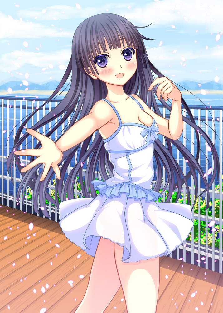 :d bad_id bad_pixiv_id black_hair blush breasts cleavage dress gokou_ruri long_hair looking_at_viewer medium_breasts mole mole_under_eye open_mouth ore_no_imouto_ga_konna_ni_kawaii_wake_ga_nai purple_eyes smile sundress wind wind_lift yuzukaze_rio