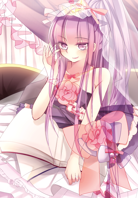 alternate_costume bare_arms bare_shoulders bed blush book bracelet bridal_veil bride canopy_bed collarbone crown dress flower hand_in_hair jewelry long_hair looking_at_viewer mini_crown necklace patchouli_knowledge pink_flower pink_rose purple_eyes purple_hair rose sleeveless sleeveless_dress smile solo touhou ukita_uuko veil very_long_hair wedding_dress