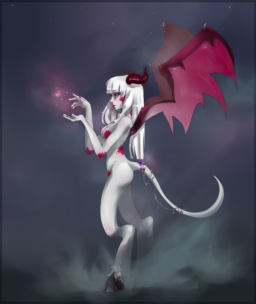 &lt;3 barefoot breasts darkness demon demon_horns demon_wings female hair hooves horn jewelry liea long_hair magic night night_sky nude red_eyes red_nails side_view solo spread_wings standing stars succubus tail_ring video_games warcraft white_hair white_skin wings world_of_warcraft