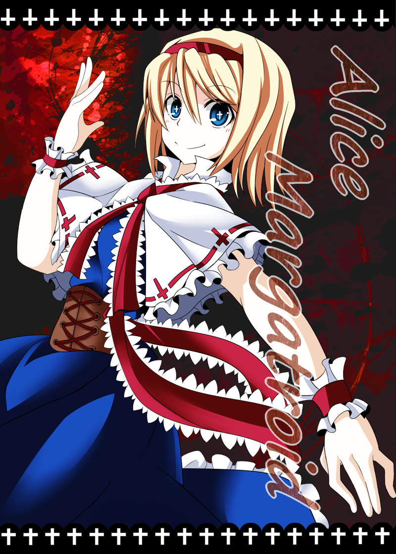 1girl alice_margatroid blonde_hair blue_eyes capelet comic dress hairband looking_at_viewer short_hair smile solo touhou wrist_cuffs youka_(gensou_kyoudan)