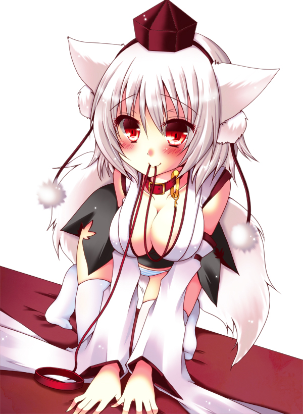 all_fours animal_ears bad_id bad_pixiv_id blush breasts cleavage collar hat inubashiri_momiji large_breasts leash meiya_neon mouth_hold panties red_eyes smile solo striped striped_panties tail tokin_hat touhou underwear white_hair wide_sleeves wolf_ears wolf_tail
