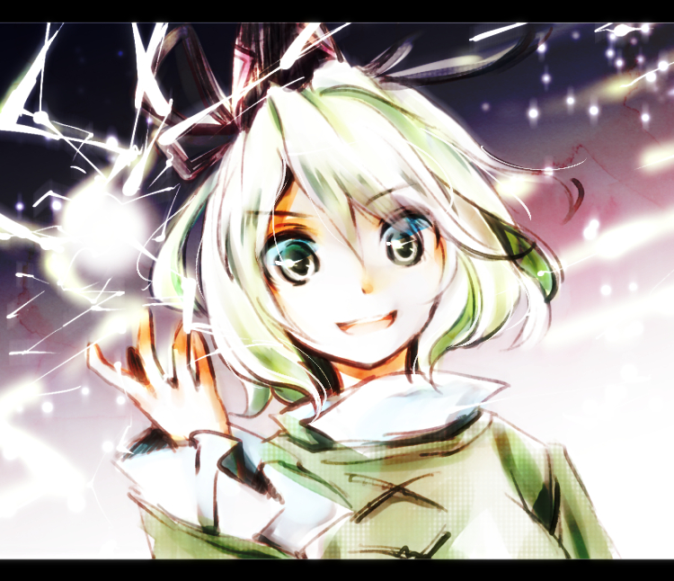 :d electricity green_eyes green_hair hat letterboxed looking_at_viewer makuwauri open_mouth portrait short_hair sketch smile soga_no_tojiko solo tate_eboshi touhou wavy_hair