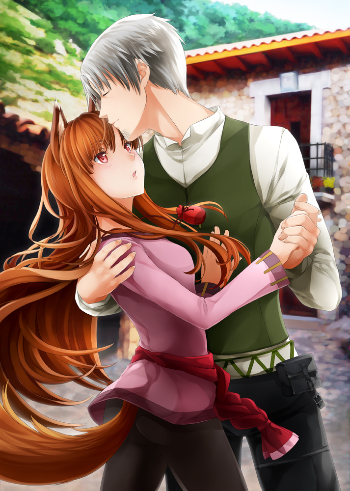 1girl animal_ears blush brown_hair craft_lawrence holding_hands holo long_hair ninamo open_mouth pouch red_eyes short_hair silver_hair spice_and_wolf tail wolf_ears wolf_tail