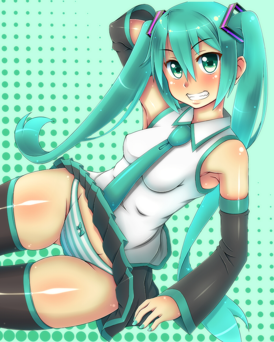 detached_sleeves green_eyes green_hair grin hatsune_miku j_(shining-next) long_hair necktie panties skirt smile solo striped striped_panties thighhighs twintails underwear very_long_hair vocaloid