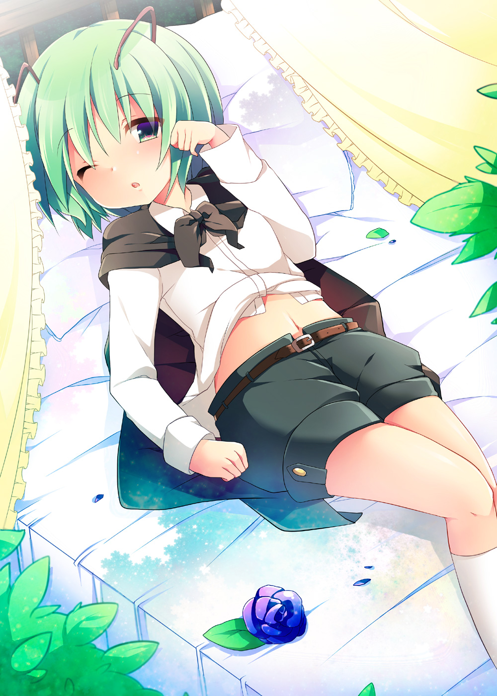 antennae bad_id bad_pixiv_id bed blush cape deyuyama flower green_eyes green_hair highres lying open_mouth rose short_hair shorts solo touhou wings wriggle_nightbug