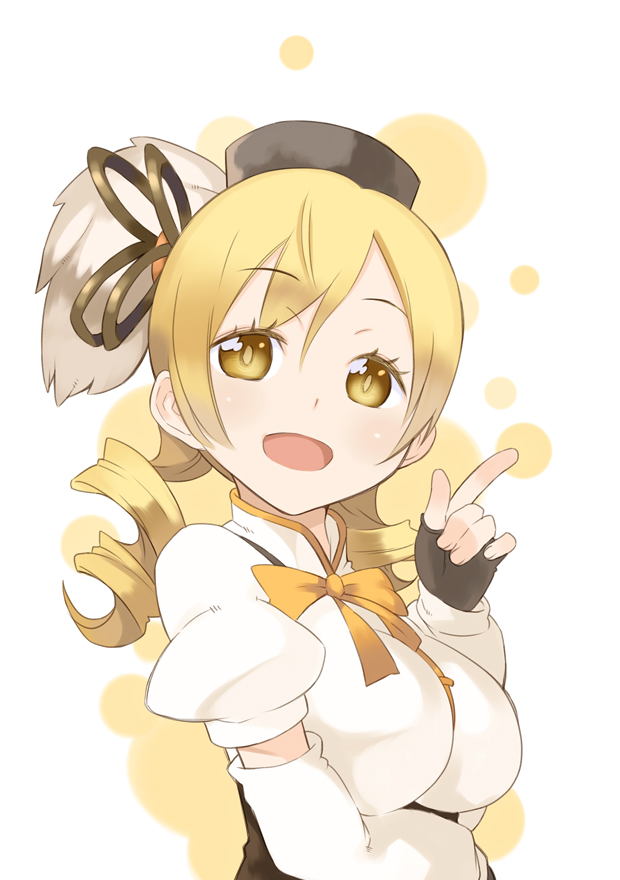 :d beret blonde_hair breasts detached_sleeves eyelashes fingerless_gloves gloves hair_ornament hat index_finger_raised large_breasts magical_girl mahou_shoujo_madoka_magica open_mouth ribbon smile solo tomoe_mami yellow_eyes yuuzii