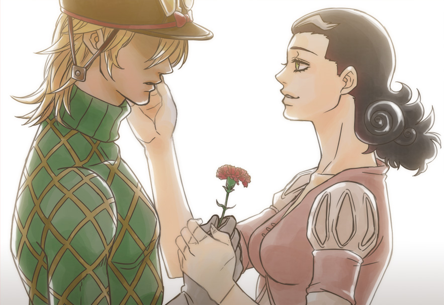 1girl backlighting black_hair blonde_hair carnation diego_brando flower from_side gradient gradient_background green_shirt hair_slicked_back hand_on_another's_cheek hand_on_another's_face hat holding holding_flower jojo_no_kimyou_na_bouken looking_at_another mother_and_son mrs._brando_(sbr) nora_(act2) profile red_carnation red_flower shaded_face shirt smile steel_ball_run sweater transparent turtleneck upper_body