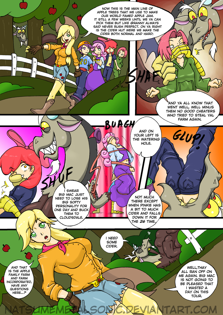 antler antlers apple apple_bloom_(mlp) applejack_(mlp) babs_seed_(mlp) blonde_hair blue_eyes bow bulge clothing comic cowboy_hat cutie_mark_crusaders_(mlp) dialog discord_(mlp) draconequus english_text female friendship_is_magic fruit green_eyes group hair hat horn house human humanized male mammal my_little_pony natsumemetalsonic open_mouth outside pink_hair red_eyes red_hair scootaloo_(mlp) sweetie_belle_(mlp) text tongue tongue_out vorarephilia vore