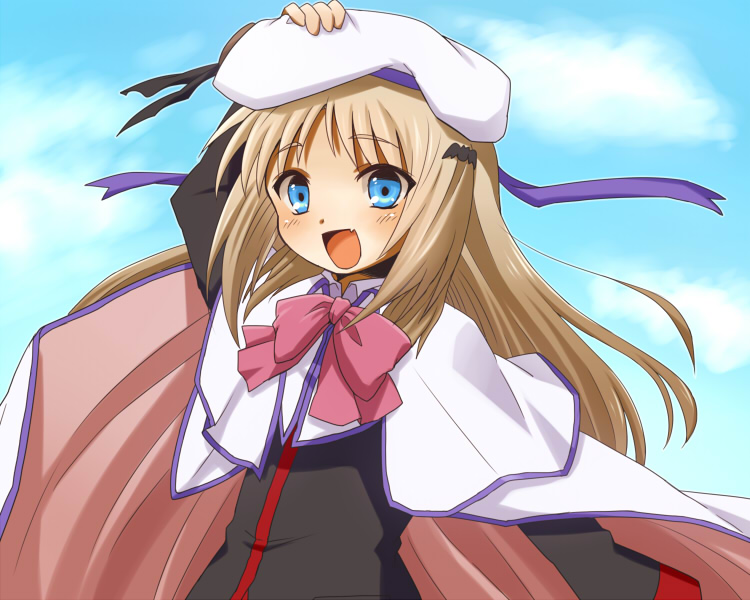 bad_id bad_pixiv_id blonde_hair blue_eyes bow cape fang hat little_busters! long_hair noumi_kudryavka pink_bow school_uniform solo suiki_isuka