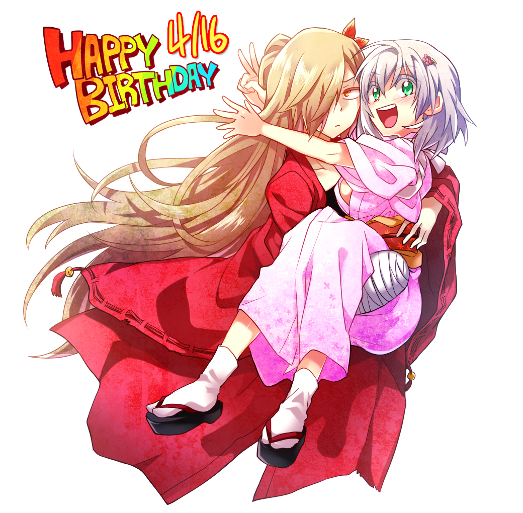 bad_id bad_pixiv_id binbougami_ga! blonde_hair carrying cast green_eyes hair_over_one_eye happy_birthday japanese_clothes kimono long_hair momiji_(binbougami_ga!) multiple_girls princess_carry rex_k sakura_ichiko silver_hair smile v yellow_eyes yuri