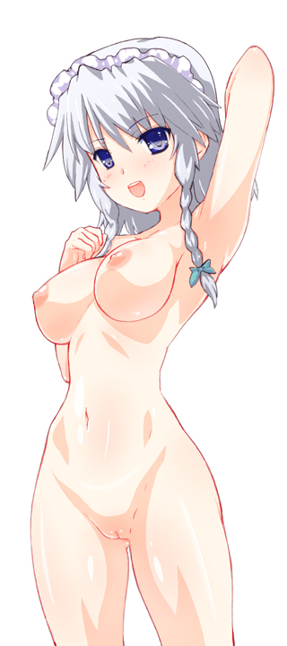 armpits blue_eyes blush braid breasts izayoi_sakuya looking_at_viewer medium_breasts navel nipples nude open_mouth pussy shiny shiny_skin silver_hair smile solo standing testa touhou twin_braids uncensored