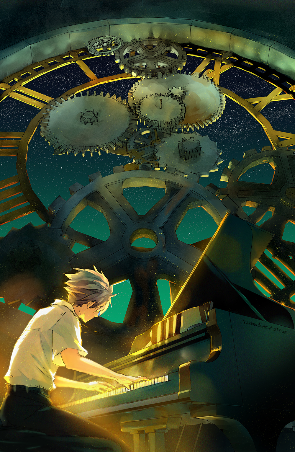 clock evangelion:_3.0_you_can_(not)_redo from_behind gears grand_piano highres instrument male_focus nagisa_kaworu neon_genesis_evangelion perspective piano piano_bench rebuild_of_evangelion sitting sky solo star_(sky) starry_sky watermark web_address wenqing_yan white_hair