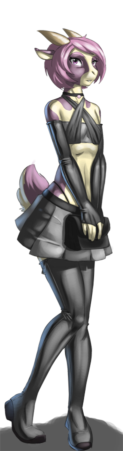 clothed clothing collar crossdressing elbow_gloves fingerless_gloves girly gloves goat legwear looking_at_viewer male mammal shirt skirt solo standing stockings top unknown_artist