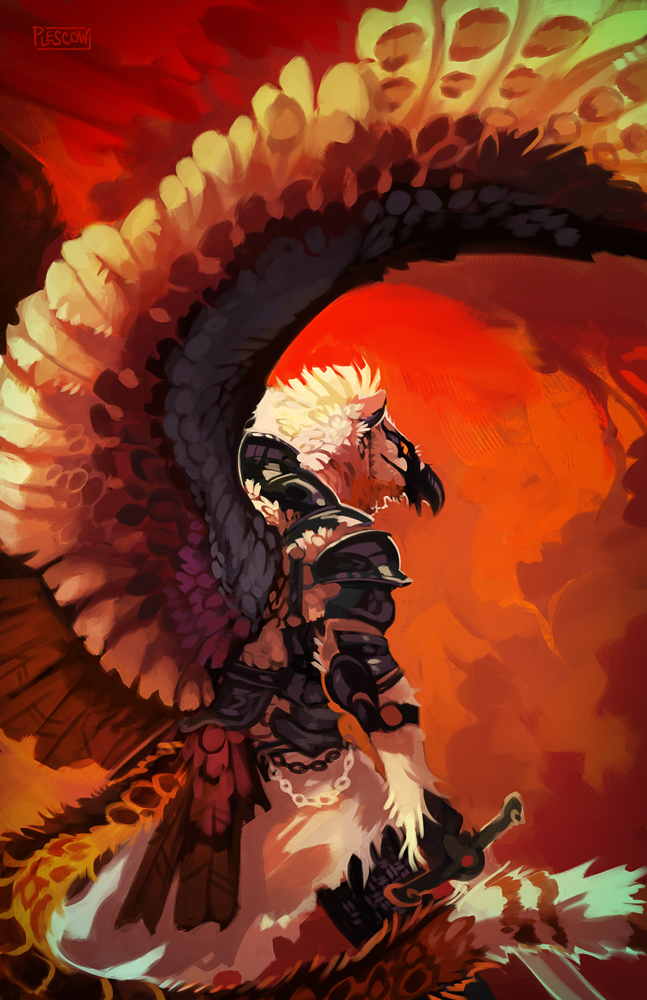 armor avian beak bearded_vulture centradragon feline fystilago grave_gryphon gryphon jaguar looking_back male mammal orange_eyes solo spread_wings standing sword warrior weapon wings