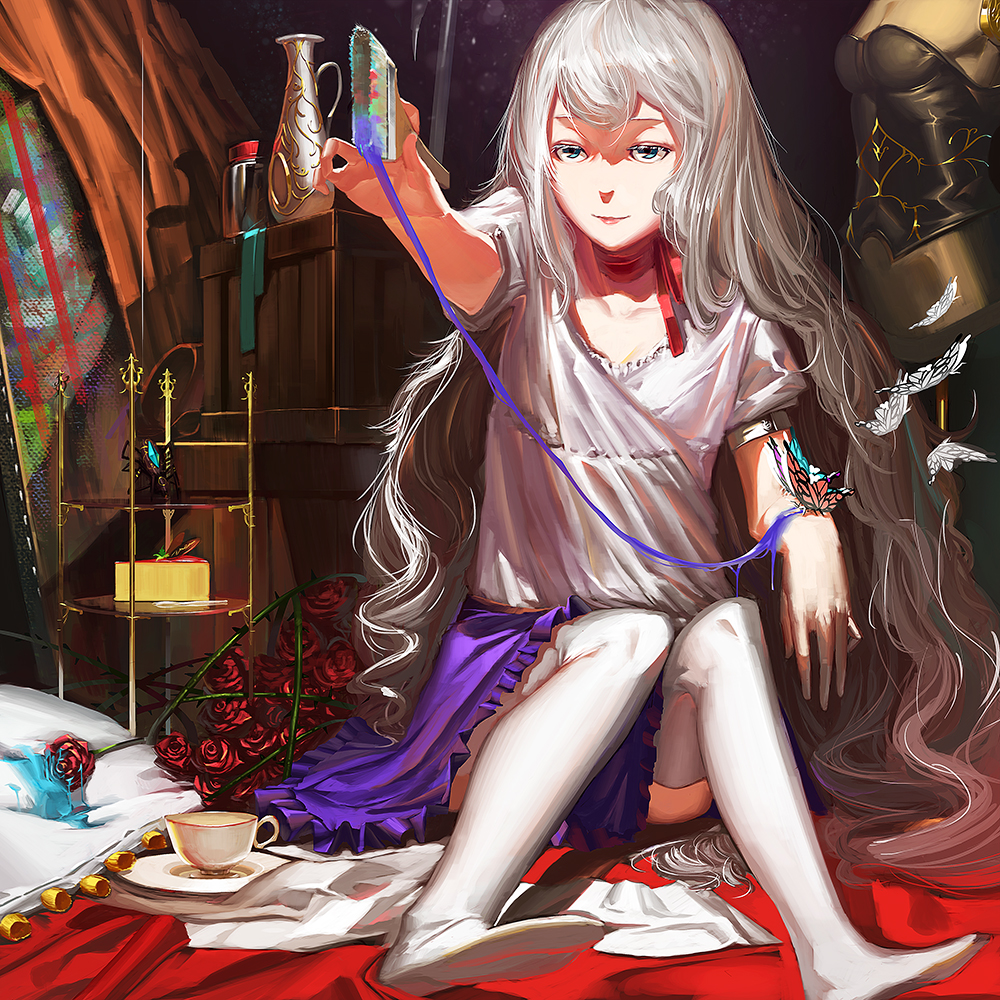 bad_id bad_pixiv_id bed blue_eyes bug butterfly cup flower insect karasu-san_(syh3iua83) long_hair original paintbrush rose sitting skirt smile solo teacup thighhighs tiered_tray white_hair