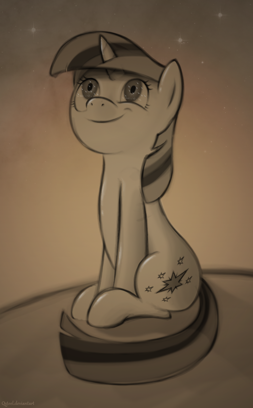 equine female feral friendship_is_magic horn horse looking_up mammal monochrome my_little_pony night pony qsteel sepia sky smile solo stars twilight_sparkle_(mlp) unicorn