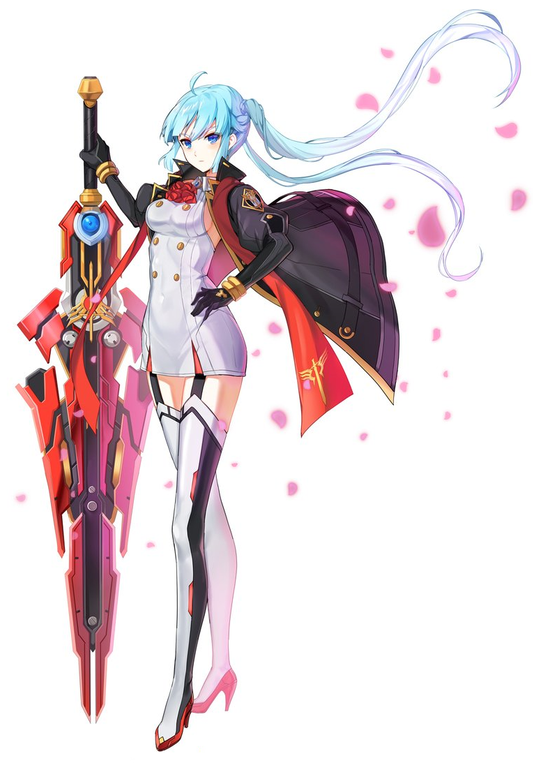 alternate_costume alternate_hairstyle black_coat blue_eyes boots breasts closers coat garter_straps hand_on_hip high_heel_boots high_heels holding holding_sword holding_weapon light_blue_hair long_hair low_twintails medium_breasts official_art open_clothes open_coat petals rose_petals solo sword thigh_boots thighhighs twintails very_long_hair violet_(closers) weapon white_background