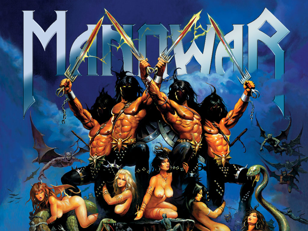 album album_cover band biceps blood blue_background breasts butt cover demon female fire human ken_kelly kneeling male mammal manowar metal muscles music nipples not_furry nude pecs plain_background pose reptile scalie serpant simple_background sitting sky sky_background snake standing sword topless weapon worship