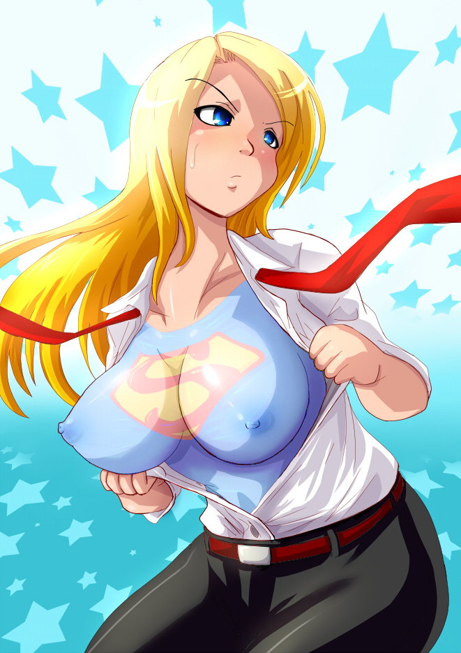 1girl blonde_hair blue_eyes blush bodypaint breasts breasts_outside dc_comics erect_nipples female long_hair marimo_(ankokumarimo) nipples open_clothes open_shirt painted_clothes photoshop shirt solo supergirl