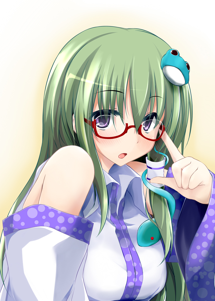 bespectacled blush dd_mayohara detached_sleeves frog_hair_ornament glasses green_hair hair_ornament kochiya_sanae long_hair purple_eyes red-framed_eyewear semi-rimless_eyewear snake_hair_ornament solo touhou under-rim_eyewear