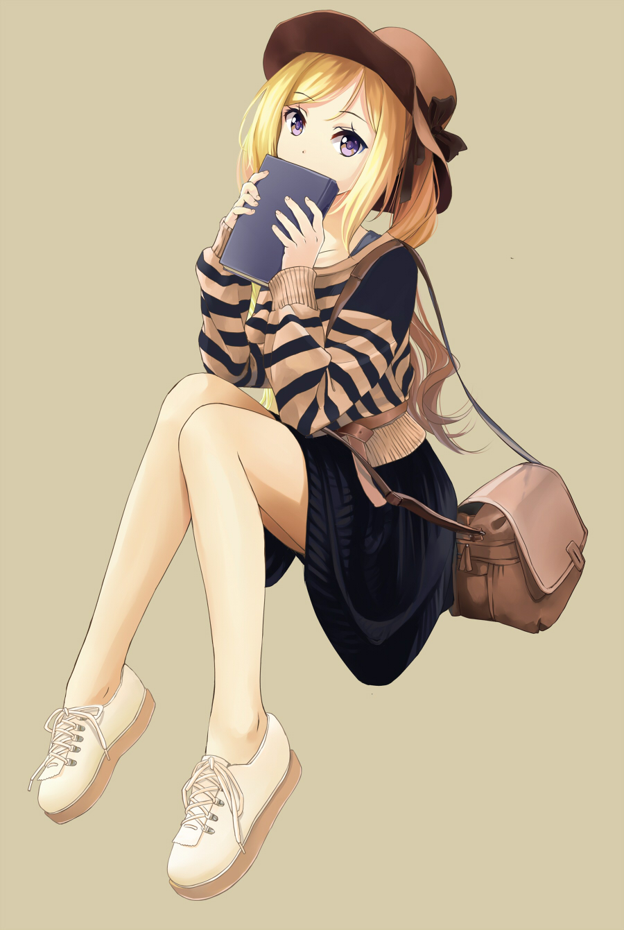 1girl bag blonde_hair codec007 covering_mouth fingernails hair_ribbon handbag hat highres legs_together no_socks original ponytail purple_eyes purse ribbon shoes shoulder_bag sitting sitting_on_stairs skirt sneakers solo stairs striped striped_sweater sweater