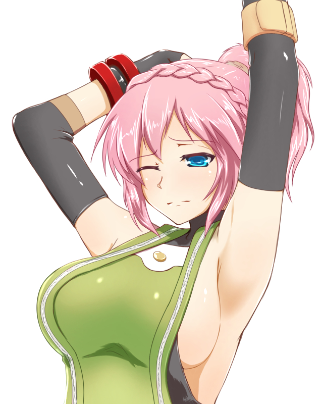 arm_warmers armpits arms_up black_gloves blue_eyes braid breasts daiba_canon fingerless_gloves gloves god_eater god_eater_2:_rage_burst large_breasts one_eye_closed pink_hair ponytail sideboob simple_background single_braid solo white_background wince youu_(midgard)