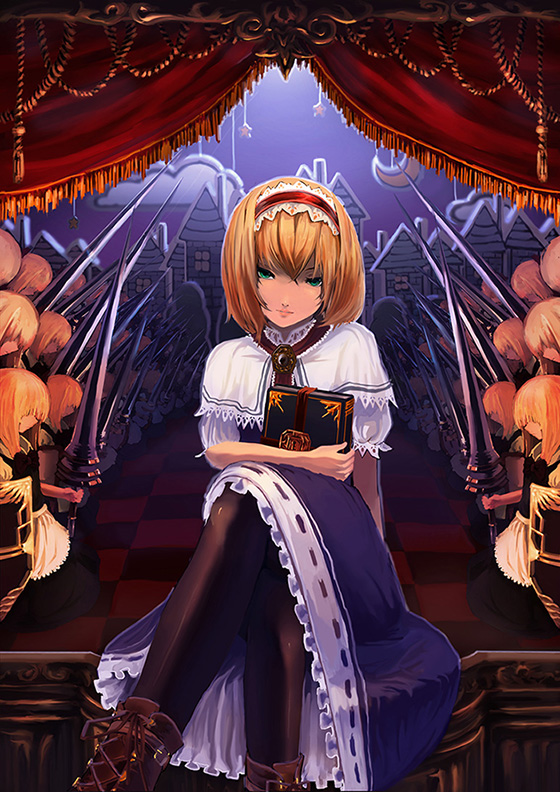 album_cover alice_margatroid bad_id bad_pixiv_id black_legwear blonde_hair blue_hair book boots capelet cover cross-laced_footwear crossed_legs green_eyes grimoire grimoire_of_alice hairband lance lolita_hairband looking_at_viewer motida pantyhose polearm puffy_sleeves shanghai_doll shield short_sleeves sitting solo stage touhou weapon
