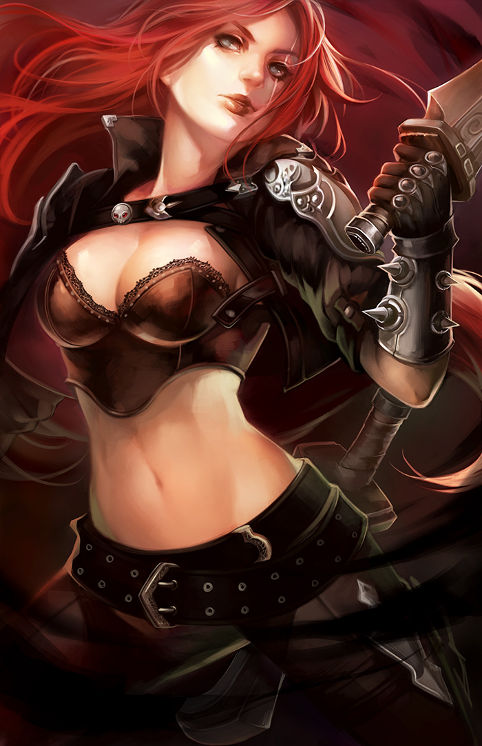 belt breasts bustier dagger gloves katarina_du_couteau knife large_breasts league_of_legends long_hair midriff na_young_lee red_hair scar solo weapon