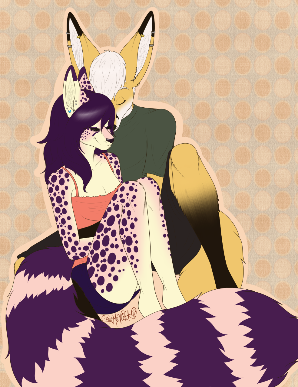 anthro averious canine clothing colormeviolet cuddling duo eyes_closed feline female fennec fox invalid_tag love male mammal piercing romantic shirt
