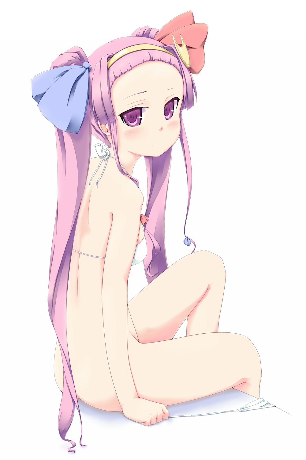 alternate_hairstyle back bikini bikini_bottom_removed blush bottomless coo crescent crescent_hair_ornament forehead hair_ornament hair_ribbon hairband highres long_hair looking_at_viewer looking_back patchouli_knowledge purple_eyes purple_hair ribbon sitting solo swimsuit touhou twintails very_long_hair white_bikini