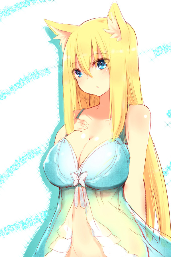 animal_ear_fluff animal_ears babydoll blonde_hair blue_eyes blush bottomless bra breasts bug butterfly cleavage fox_ears futaba_aoi hand_on_own_chest insect large_breasts long_hair naomi_(sekai_no_hate_no_kissaten) original solo underwear very_long_hair white_background