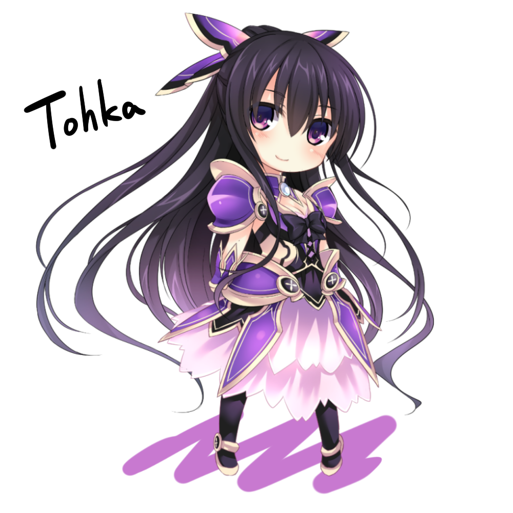 armor armored_dress bow character_name chibi date_a_live kaguyuu long_hair looking_at_viewer purple_eyes purple_hair purple_legwear simple_background skirt smile solo very_long_hair white_background yatogami_tooka