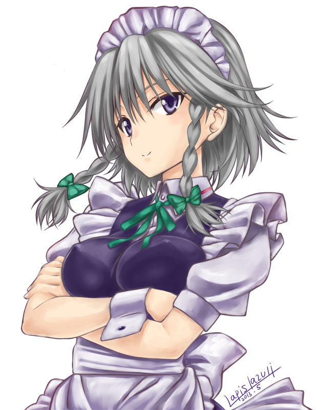 apron blue_eyes blush breasts covered_nipples crossed_arms dated frills izayoi_sakuya large_breasts maid maid_headdress md5_mismatch puffy_sleeves short_hair signature silver_hair smile solo touhou umyonge_(lkakeu) wrist_cuffs