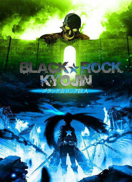 1girl black_rock_shooter black_rock_shooter_(character) chains epic fire giant parody shingeki_no_kyojin weapon