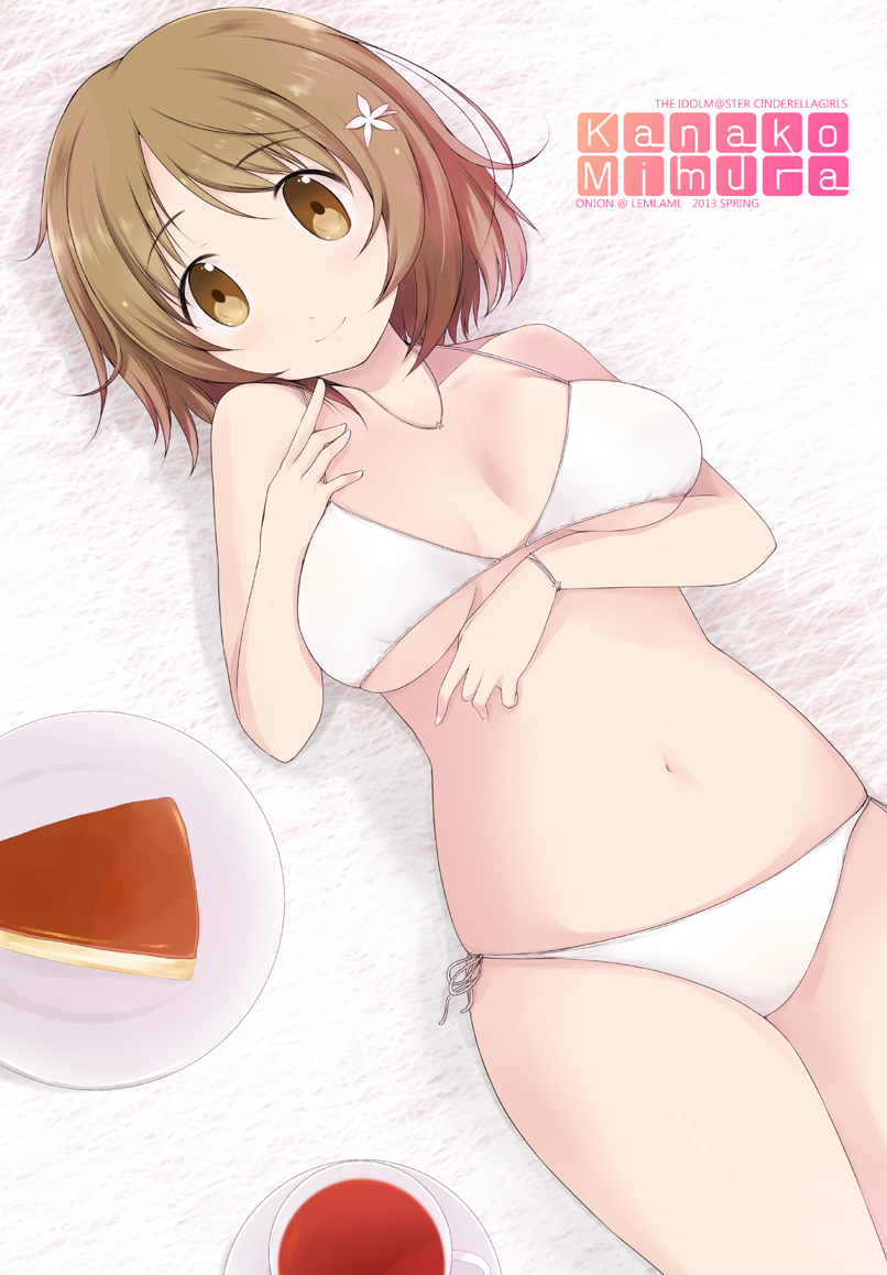 bad_id bad_pixiv_id bikini blush breasts brown_eyes brown_hair cake character_name cheesecake cleavage copyright_name cup flower food hair_flower hair_ornament idolmaster idolmaster_cinderella_girls jewelry large_breasts mimura_kanako necklace onion_(lemlaml) plump short_hair smile solo swimsuit tea teacup