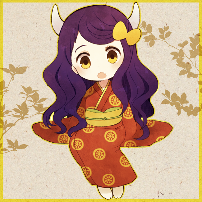 :o ayu_(mog) bad_id bad_pixiv_id bow chibi fang hair_bow horns japanese_clothes kimono long_hair obi oni_horns open_mouth original purple_hair sash solo tabi yellow_eyes