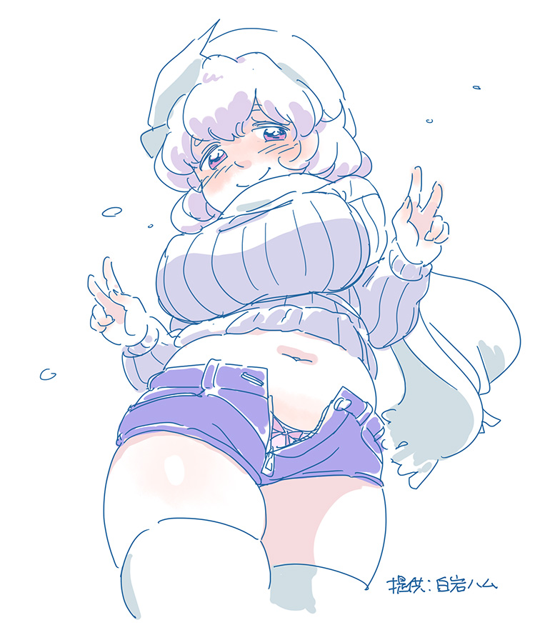 alternate_costume artist_name double_v lavender_hair letty_whiterock looking_at_viewer midriff mitsumoto_jouji navel panties pink_panties plump red_eyes ribbed_sweater scarf short_hair short_shorts shorts simple_background sketch smile solo sweater thighhighs touhou undersized_clothes underwear unzipped v white_background white_legwear white_scarf
