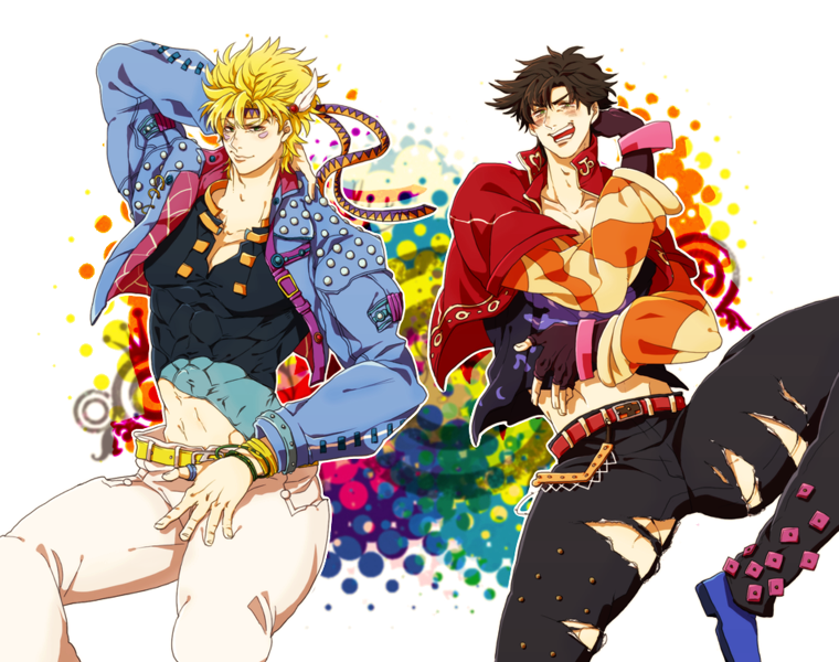 black_hair blonde_hair bloody_stream brown_hair caesar_anthonio_zeppeli facial_mark fingerless_gloves gh-ok13 gloves headband jacket jojo_no_kimyou_na_bouken joseph_joestar_(young) midriff multiple_boys pants pose purple_jacket red_jacket scarf torn_clothes torn_pants