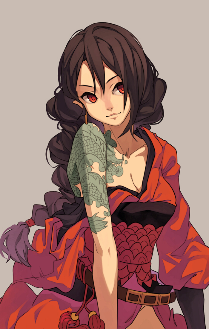 arm_tattoo bare_shoulders belt braid breasts brown_hair cleavage dragon_tattoo earrings fkey jewelry long_hair medium_breasts off_shoulder original partially_undressed red_eyes single_braid solo tassel tattoo upper_body very_long_hair