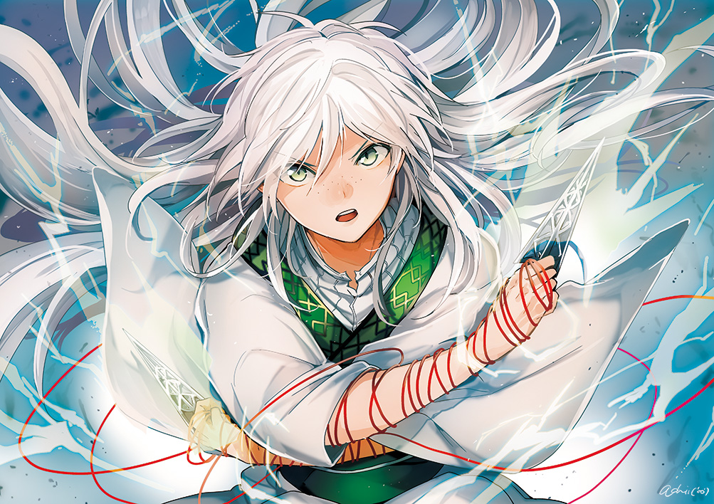 bad_id bad_pixiv_id freckles green_eyes ja'far long_hair magi_the_labyrinth_of_magic maguchimo male_focus open_mouth solo string weapon white_hair